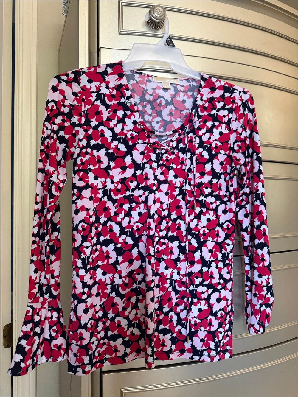Michael Kors Navy Long-Sleeve Floral Tie-Neck Top